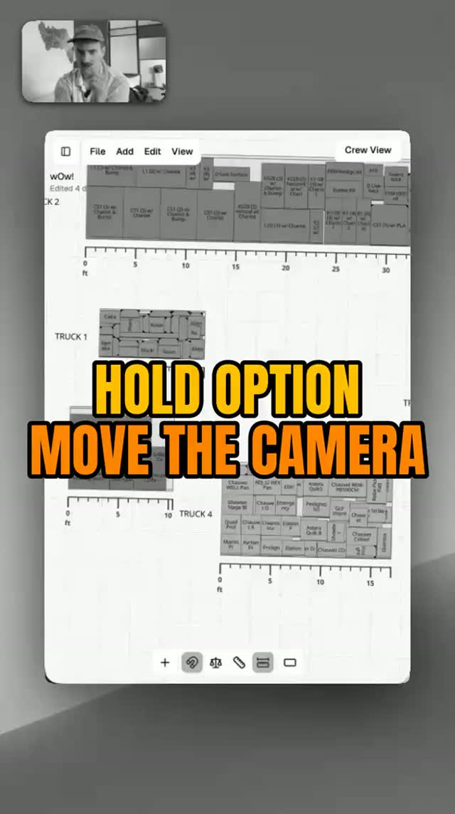 Hold option and click around, and the camera goes wherever you want it. Orbit a stack, drop to floor level, see how a case actually sits before you call the pack.
One keystroke. It is the thing people miss the longest.