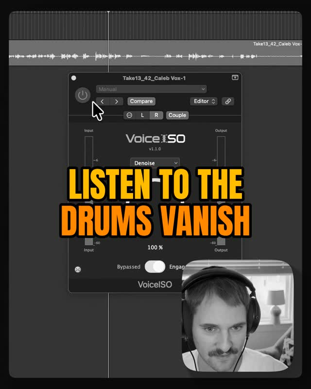 Same vocal, same eight bars. First with VoiceISO bypassed, then with the new De-noise mode on. That's a live vocal mic sitting right in front of the drum kit.
Full VoiceISO review is up on my YouTube.